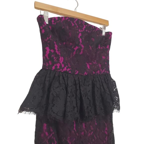 Robert Rodriquez | Peplum Lace Magenta and Black Strapless Cocktail Dress - Picture 3 of 12